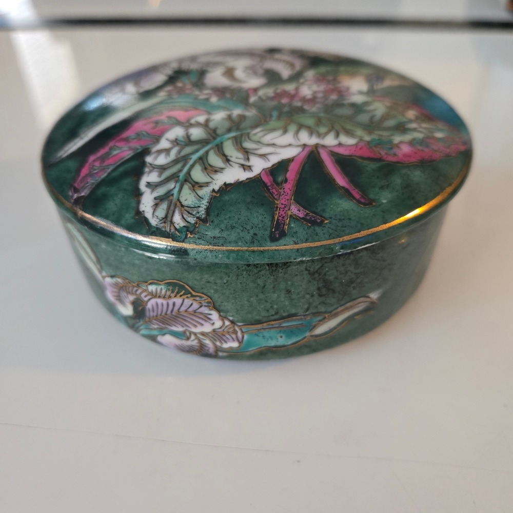 Vintage Floral Ceramic Trinket Box Green Pink Gold Trim Round Jewelry Dish